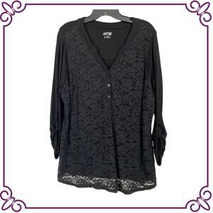 Apt. 9 Black Lace Overlay Relaxed Fit 3/4 Sleeve V Neck Tunic Blouse 1X